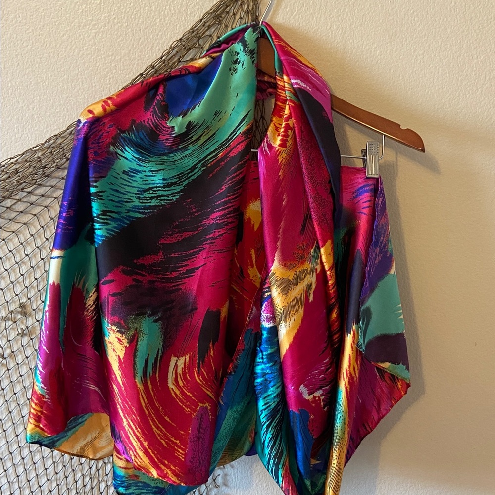 NEW Vibrant Multicolor Feather Patterns Scarf 72”… - image 3